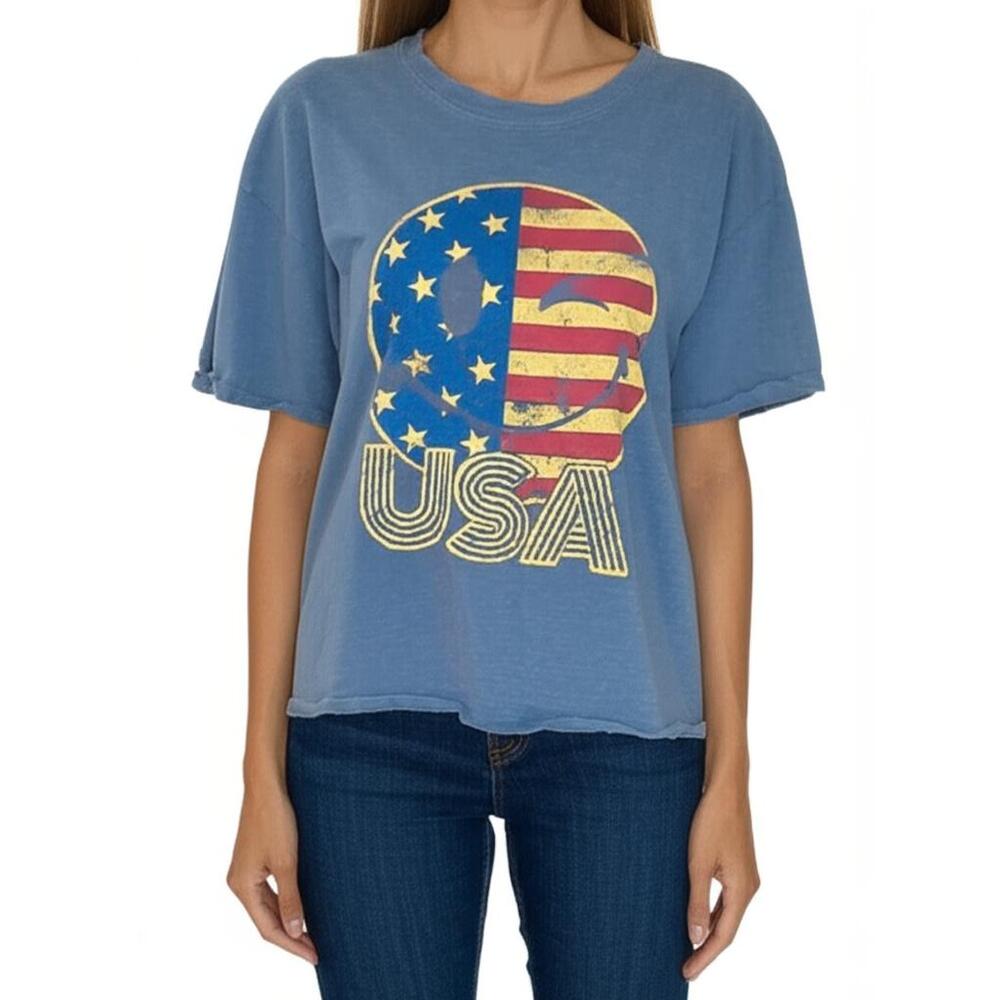 Free Market T-Shirt‎ Womens Size Small Blue Grey Distressed USA Flag Smiley